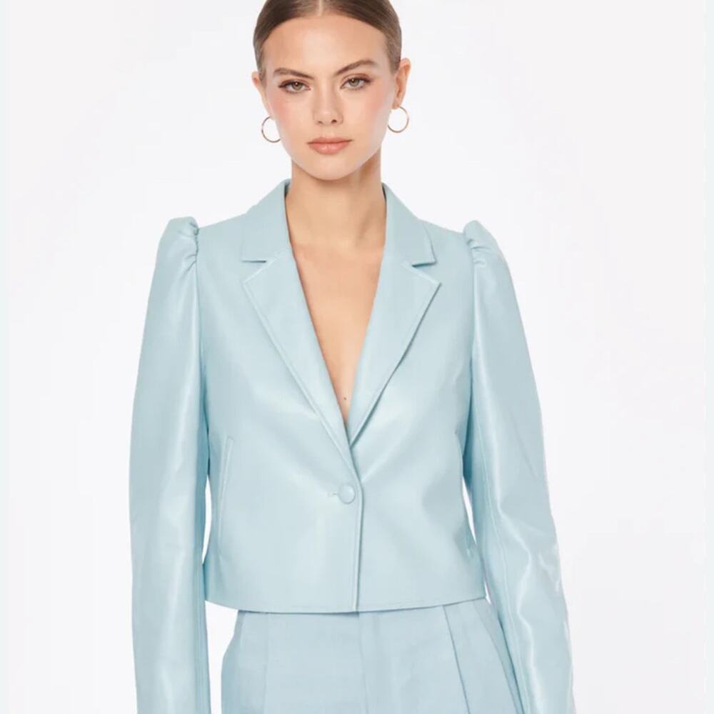 CAMI NYC Light Y2K style cropped vegan leather Blue Blazer XS